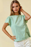 Ruffled Eyelet Short Sleeve Top in Sage