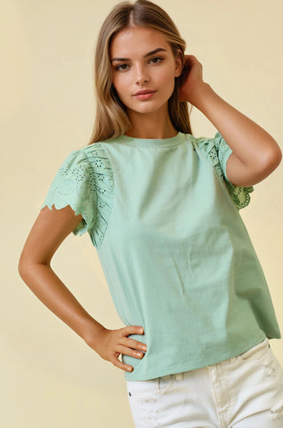 Ruffled Eyelet Short Sleeve Top in Sage