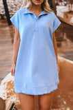 Polo Collar Short Sleeve Scallop Hem Mini Dress Blue