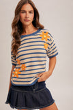 Floral Embroidered Striped Sweater Top