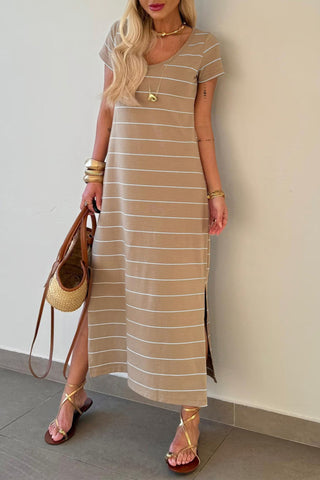 Stripe Short Sleeve Side Slit Maxi T Shirt Dress in Khaki