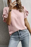 Solid Color Ruffle Trim Short Sleeve Blouse Pink