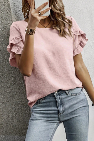 Solid Color Ruffle Trim Short Sleeve Blouse Pink
