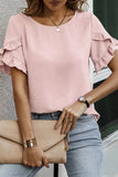 Solid Color Ruffle Trim Short Sleeve Blouse Pink
