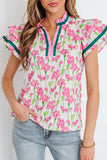 Floral Print Contrast Trim Ruffled Sleeve Blouse in Pink