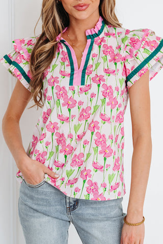 Floral Print Contrast Trim Ruffled Sleeve Blouse in Pink