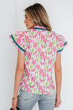 Floral Print Contrast Trim Ruffled Sleeve Blouse in Pink