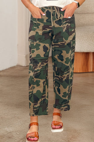 Camo Print Drawstring Barrel Jeans