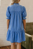 Embroidered Smocked Detail V Neck Mini Dress in Blue