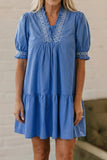 Embroidered Smocked Detail V Neck Mini Dress in Blue