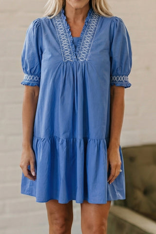 Embroidered Smocked Detail V Neck Mini Dress in Blue