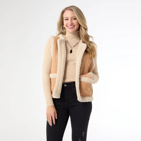 Faux Suede Open Front Vest with Sherpa in Camel
