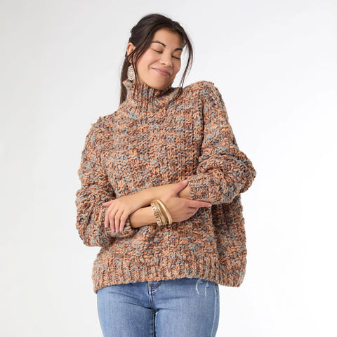Chunky Loose Knit Sweater in Camel/Blue Sky
