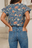 Ruffled Short Sleeve Floral Denim Top