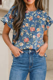 Ruffled Short Sleeve Floral Denim Top