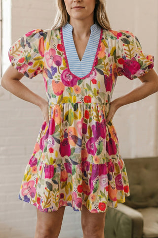 Bright Floral Striped Patchwork V Neck Dress