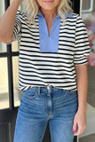 Stripe Short Sleeve Polo Collar Blouse