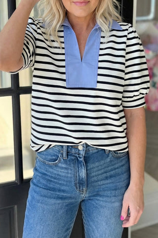 Stripe Short Sleeve Polo Collar Blouse