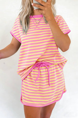 Stripe Short Sleeve Top And Skirt Set in Pink/Yellow Stripe