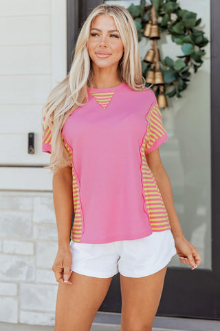 Waffle Textured Striped Loose T Shirt