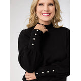 Mock Neck Sweater with Pearl Button Cuff in Black