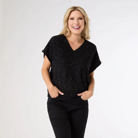 Sparkle V-Neck Cap Sleeve Sweater in Black