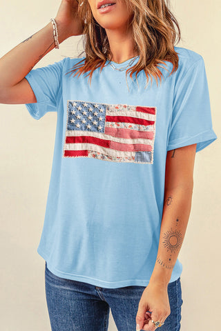 Faux Patchwork Printed USA Flag Casual Tee in Blue