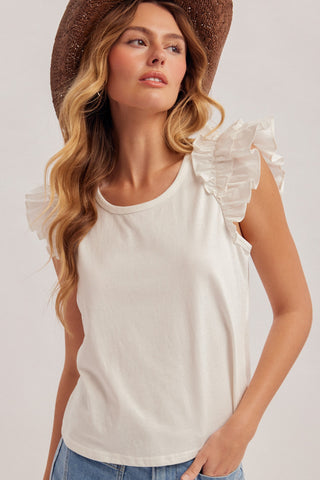 Ruffle Short Sleeve Knit Top in White