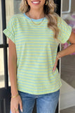 Stripe Elastic Cuffed Short Sleeve Top