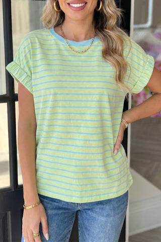 Stripe Elastic Cuffed Short Sleeve Top