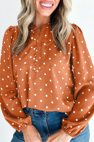 Polka Dot Button Up Shift Top in Rust Brown
