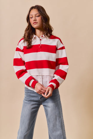 Collared Wide Stripe Terry Top With Shirt Tail Hem
