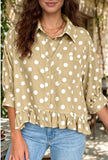 Khaki Polka Dot Ruffle Hem Shirt