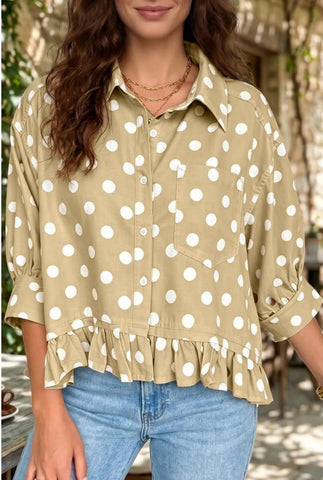 Khaki Polka Dot Ruffle Hem Shirt