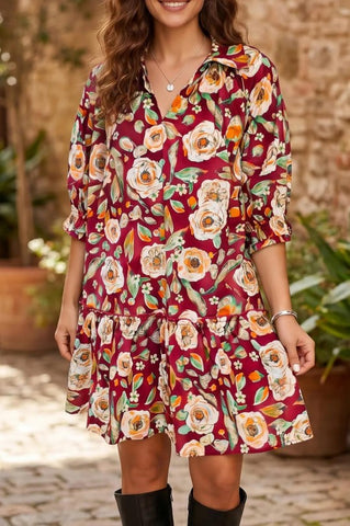 Red Floral Print Half Sleeve Shift Dress