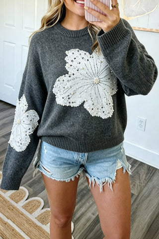 Pearl Beaded Floral Accent Sweater