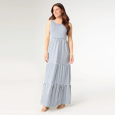 Janie Striped Tiered Maxi Dress in Blue/Ivory