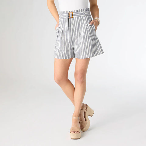 High Waisted Shorts with Belt in Blue/White