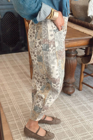 Boho Floral Patchwork Western Print Straight Leg Jeans