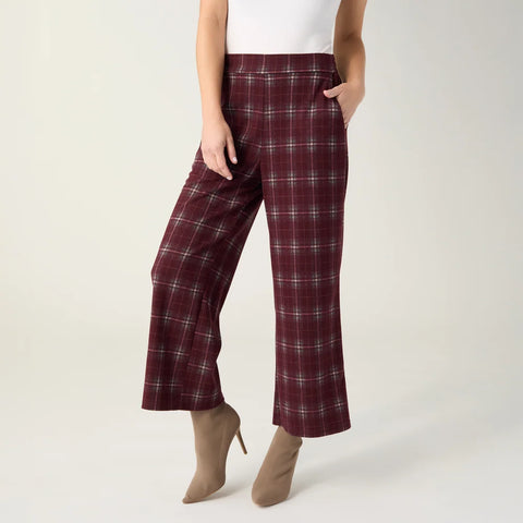 Mallory Wide Leg Crop Plaid Pant in Merlot