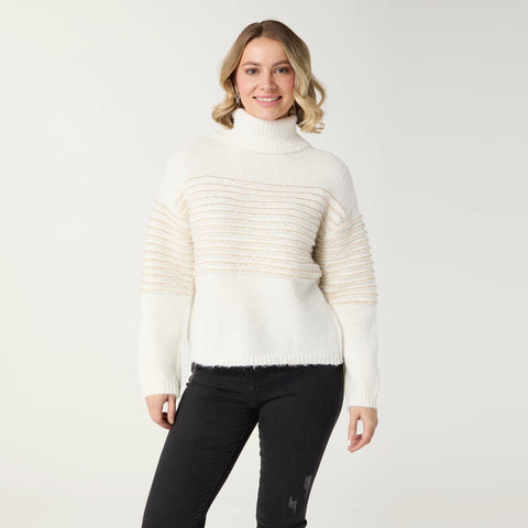Sequin Stripe Turtleneck Sweater in Winter White