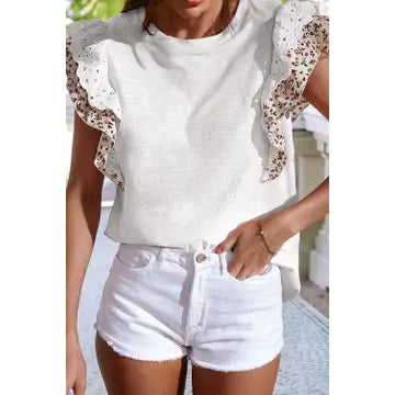 Floral Lace Eyelet Patched Butterfly Sleeve Blouse