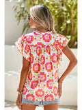 Boho Floral Print Ricrac Ruffle Sleeve Blouse