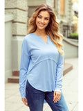 Notched Neck Terry Raw Hem Long Sleeve Top in Light Blue