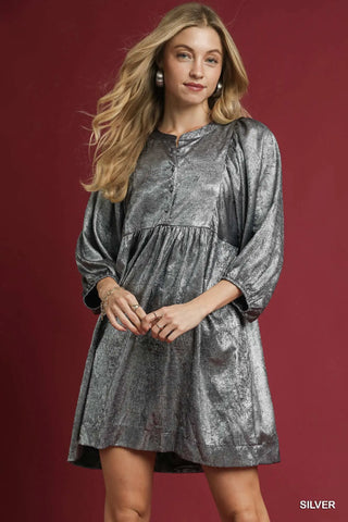 Metallic Babydoll Mini Dress in Silver