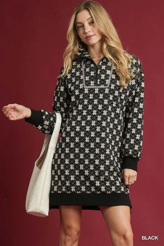 Textured Knit Jacquard Mini Dress in Black