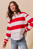 Collared Wide Stripe Terry Top With Shirt Tail Hem