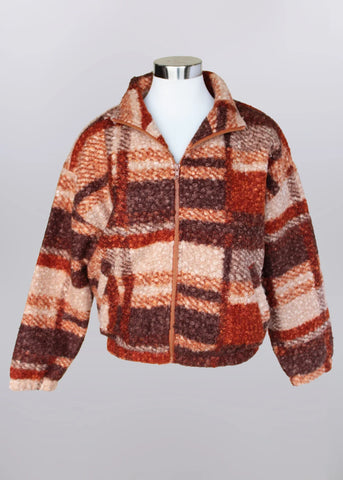 Fleece Jacket in Orange and Brown Plaid