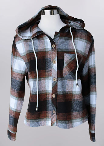 Hooded Plaid Flannel Shirt Jacket