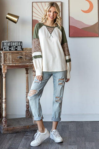 Animal Print Contrast Raglan Long Sleeve Top